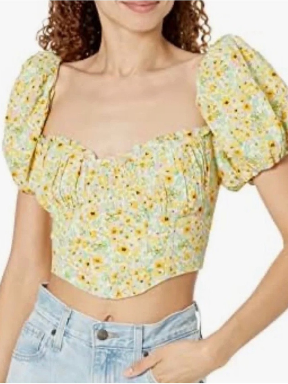 New Astr The Label Paola Top Yellow Green Ditsy Floral Size Large Puff Sleeves